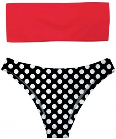 Racing Women 2 Pieces Bandeau Bikini Swimsuit Off Shoulder High Waist Bathing Suit - Red Top With Black Polka Dot Bottom - C4...