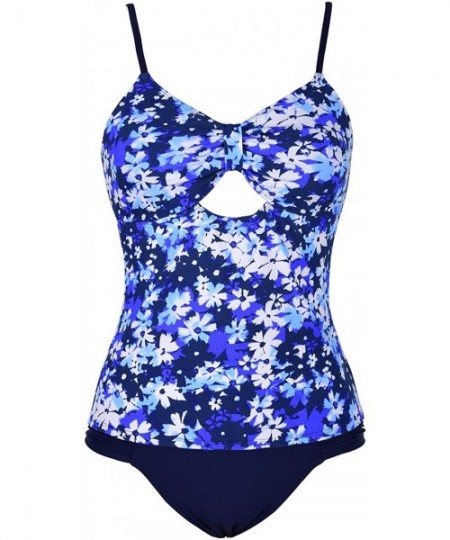 Sets Women's Tankini Set Keyhole Swimwear Two Piece Swimsuits Front Tie Bathing Suit - White&blue Floral - CY18D5RYHEC