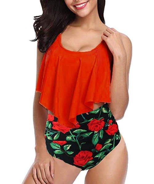 Sets Women High Waisted Swimsuit Flounce Swimwear Racerback Vintage Bikini - Red - CF199EXSYH6