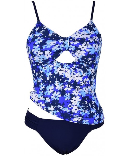 Sets Women's Tankini Set Keyhole Swimwear Two Piece Swimsuits Front Tie Bathing Suit - White&blue Floral - CY18D5RYHEC