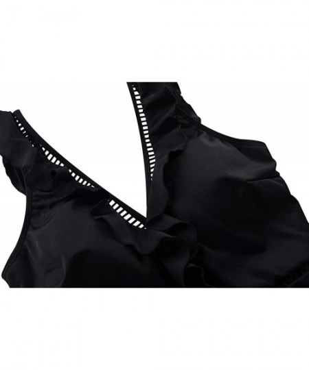 One-Pieces Women's Vintage One Piece Swimsuits Ruffle Off Shoulder Flounce Lattice Swimwear Bathing Suit - Black1 - CU18U90LW46