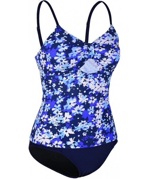 Sets Women's Tankini Set Keyhole Swimwear Two Piece Swimsuits Front Tie Bathing Suit - White&blue Floral - CY18D5RYHEC