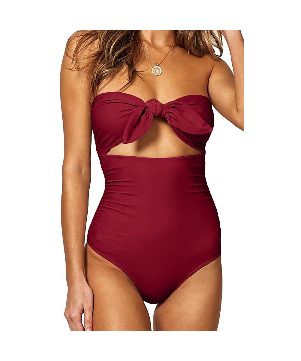 One-Pieces Womens One Piece Swimsuit Bandeau High Waisted Monokini Swimwear Tummy Control Cutout Tie Knot Bathing Suit Wine R...