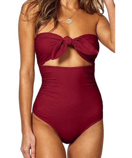 One-Pieces Womens One Piece Swimsuit Bandeau High Waisted Monokini Swimwear Tummy Control Cutout Tie Knot Bathing Suit Wine R...