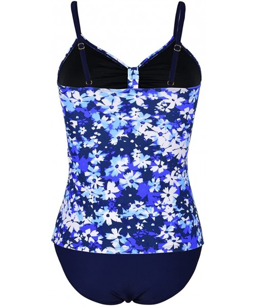 Sets Women's Tankini Set Keyhole Swimwear Two Piece Swimsuits Front Tie Bathing Suit - White&blue Floral - CY18D5RYHEC