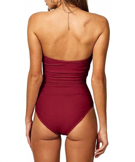 One-Pieces Womens One Piece Swimsuit Bandeau High Waisted Monokini Swimwear Tummy Control Cutout Tie Knot Bathing Suit Wine R...