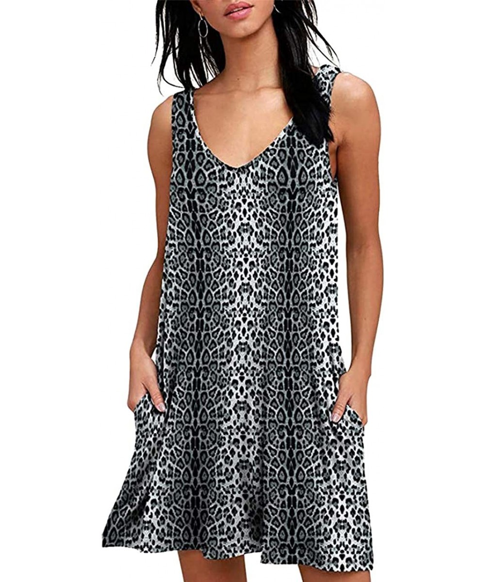 Cover-Ups Women Summer Casual T Shirt Dresses Beach Cover up Sleeveless Plain Tank Swing Dress with Pockets Z leopard Grey - ...