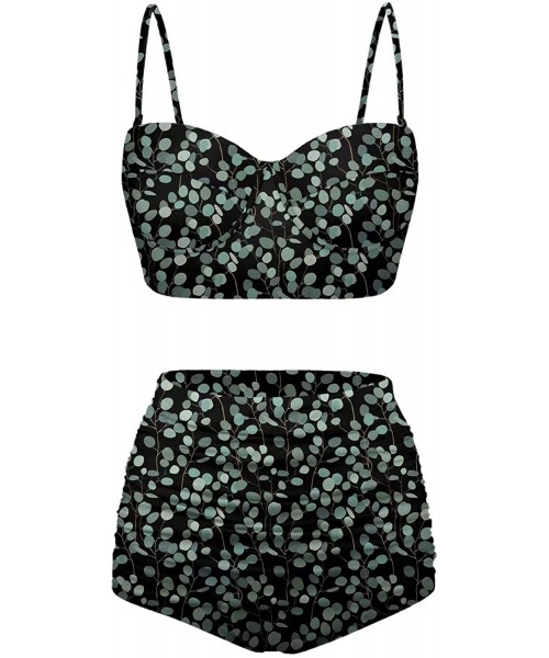 Sets Women's Retro Summer Bright Floral Print Funny Swimsuits High Waisted Bikini Set - Black+green - C9196SMODG9