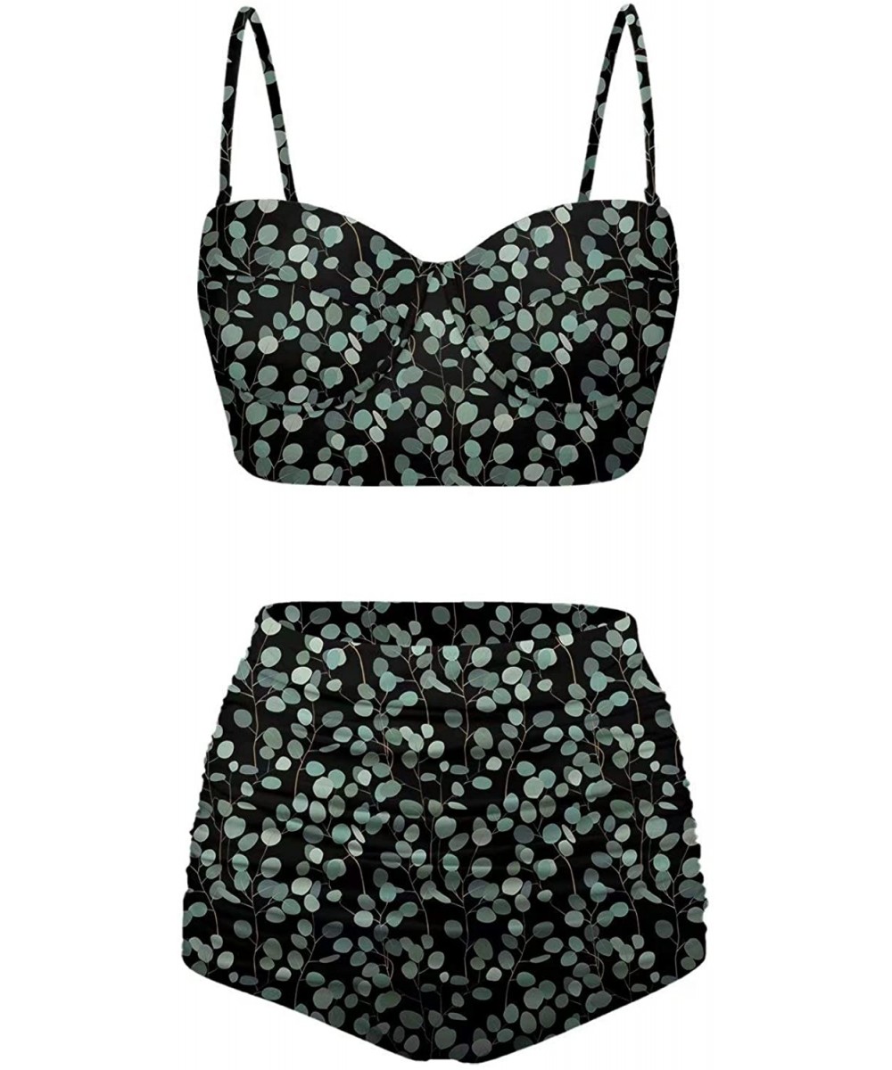 Sets Women's Retro Summer Bright Floral Print Funny Swimsuits High Waisted Bikini Set - Black+green - C9196SMODG9