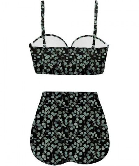 Sets Women's Retro Summer Bright Floral Print Funny Swimsuits High Waisted Bikini Set - Black+green - C9196SMODG9