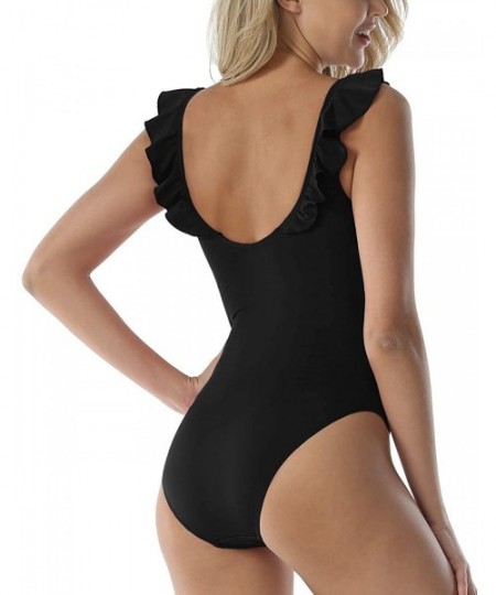 One-Pieces Women's One Piece Swimsuit Ruched Tummy Control V Neck Ruffles Strap Swimwear - Black - C118S8ORGHS