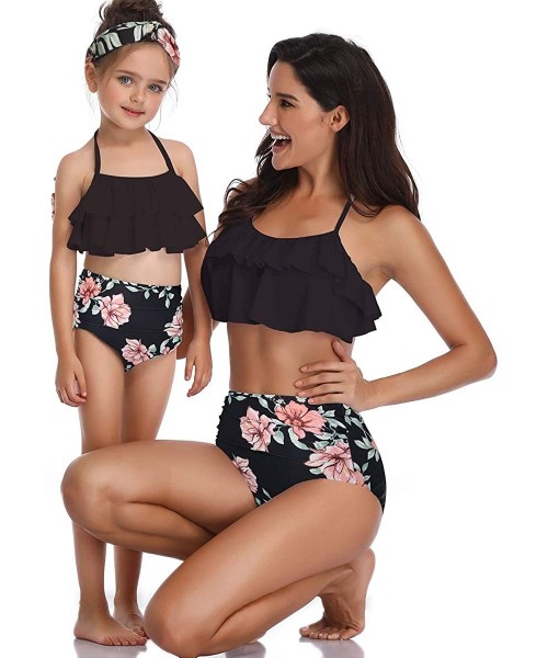 Sets Mommy and Me Swimsuits Two Piece Bikini Swimsuit Family Matching Bathing Suits High Waisted - Black - CK18OUCMWNO