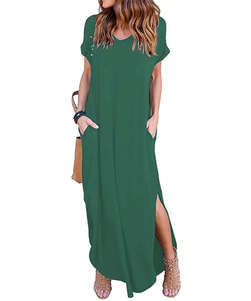 Cover-Ups Women's Short Sleeve V Neck Pocket Casual Side Split Beach Long Maxi Dress - Dark Green - CW18TU9909E