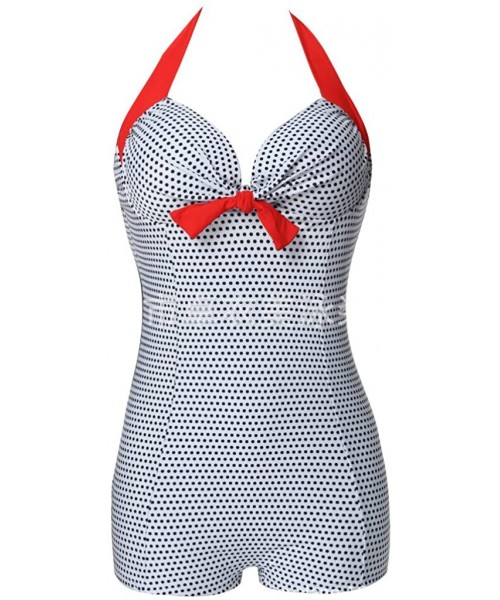 One-Pieces Retro Halter Boy-Leg Bow Chest One Piece Swimsuit Push Up Monokinis White and Black Polka US 8-10 - C212DAUKNCR