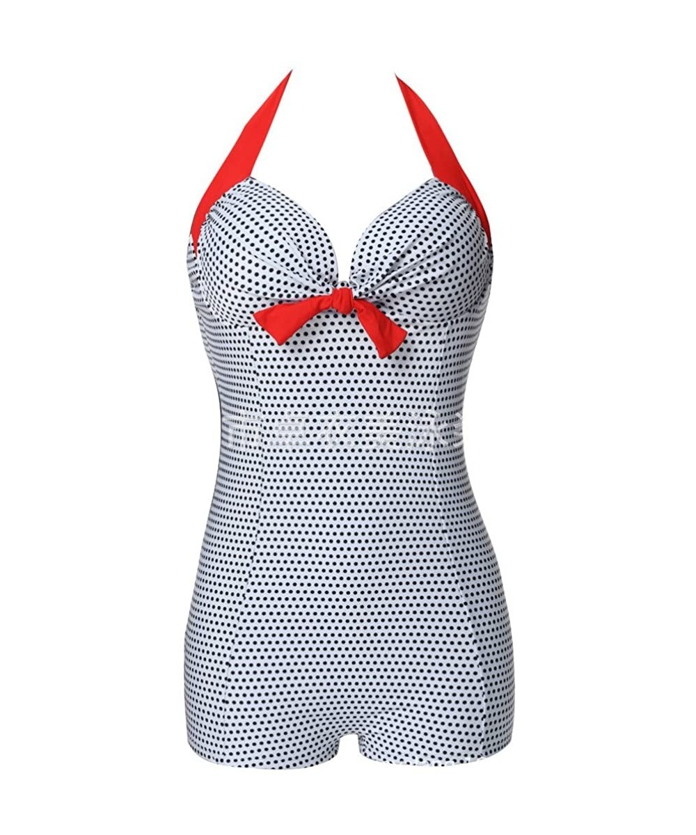 One-Pieces Retro Halter Boy-Leg Bow Chest One Piece Swimsuit Push Up Monokinis White and Black Polka US 8-10 - C212DAUKNCR