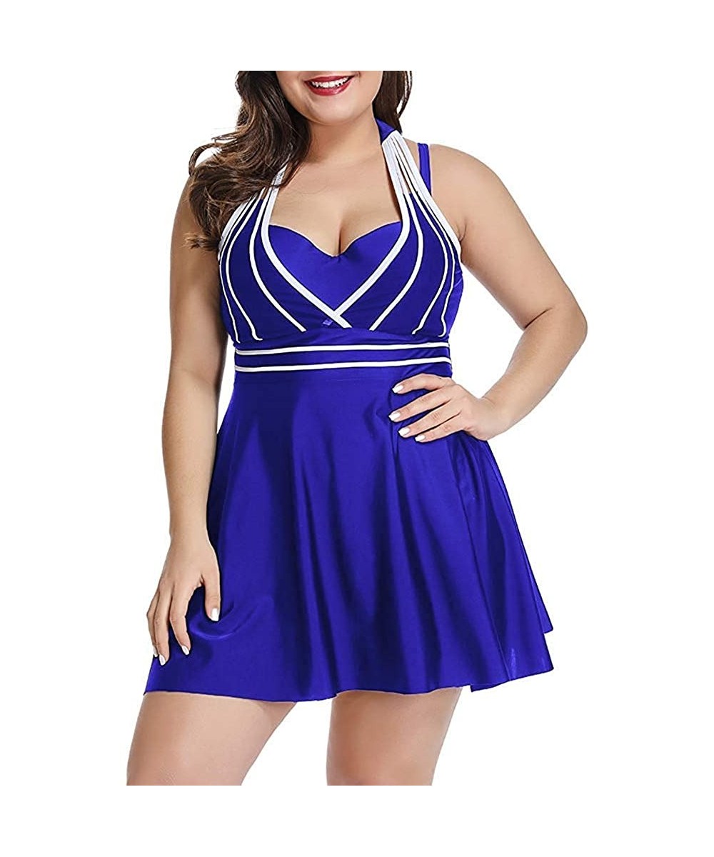 Sets Women's Plus Size Swimdress Halter Two Piece Swimsuit Tankini Set - Blue - CF18S56ZL42