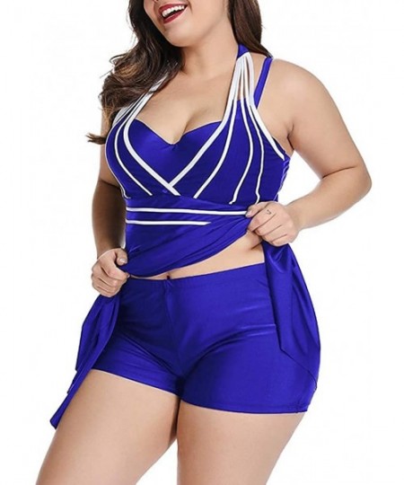 Sets Women's Plus Size Swimdress Halter Two Piece Swimsuit Tankini Set - Blue - CF18S56ZL42