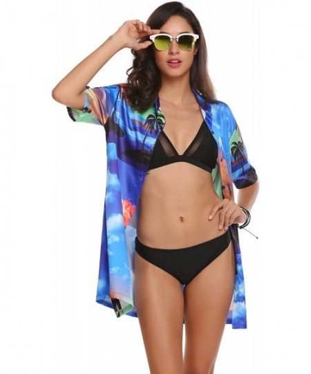 Cover-Ups Women's Summer Classic Striped Printed Beachwear Bikini Swimwear Cover Up - C-blue - CW185L3CTR6