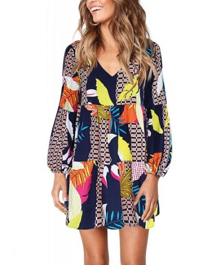 Cover-Ups Women Summer Tunic Dress V Neck Casual Loose Flowy Swing Shift Dresses - B Printed Geometry - CL18AQU4RDN