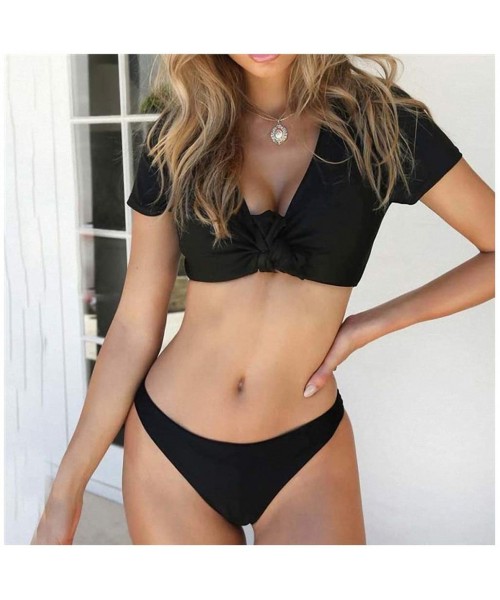 Sets Womens Bikini V Neck Short Sleeve Front Knotted Tie Swim Thong Push Up Bikini - Black Bikini Set - C318QOADOK8