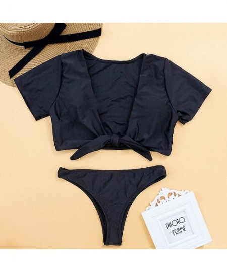 Sets Womens Bikini V Neck Short Sleeve Front Knotted Tie Swim Thong Push Up Bikini - Black Bikini Set - C318QOADOK8