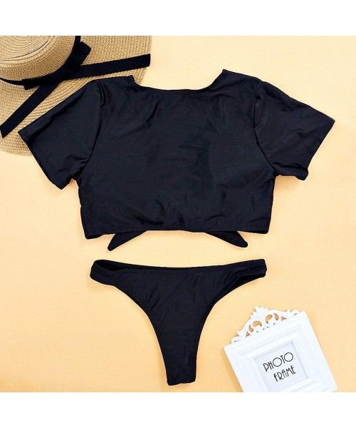 Sets Womens Bikini V Neck Short Sleeve Front Knotted Tie Swim Thong Push Up Bikini - Black Bikini Set - C318QOADOK8