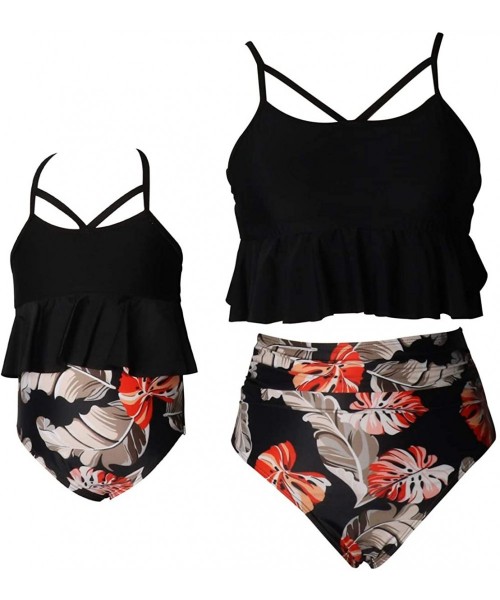 Sets Mum and Daughter Matching Bathingsuit Family Swimwear Womens Floral Bikini Sets Girls Swimsuits - Black 2 - C2194Q5UM8X