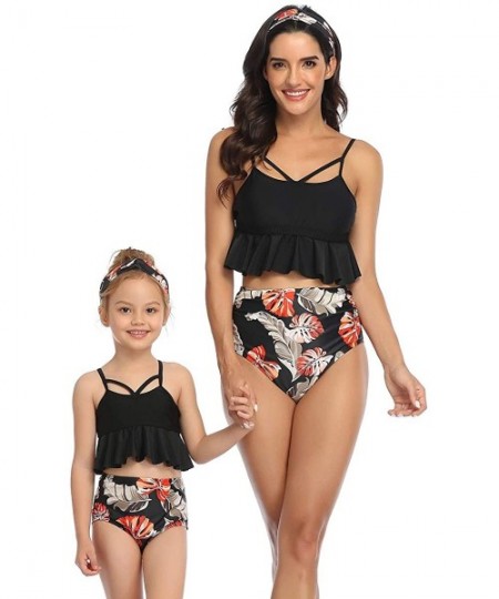 Sets Mum and Daughter Matching Bathingsuit Family Swimwear Womens Floral Bikini Sets Girls Swimsuits - Black 2 - C2194Q5UM8X