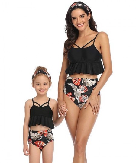 Sets Mum and Daughter Matching Bathingsuit Family Swimwear Womens Floral Bikini Sets Girls Swimsuits - Black 2 - C2194Q5UM8X