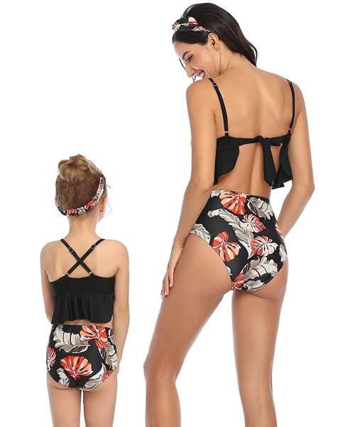 Sets Mum and Daughter Matching Bathingsuit Family Swimwear Womens Floral Bikini Sets Girls Swimsuits - Black 2 - C2194Q5UM8X