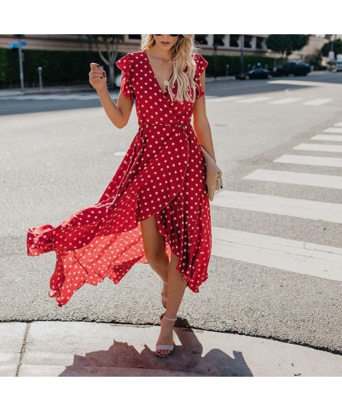 Bottoms Womens Dots Boho Mini Dress Lady Beach Summer Sundrss Maxi Dress - Red - CZ18U3EDURH