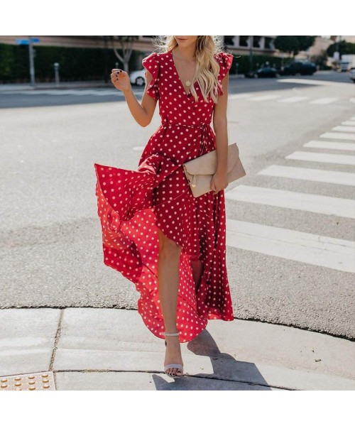 Bottoms Womens Dots Boho Mini Dress Lady Beach Summer Sundrss Maxi Dress - Red - CZ18U3EDURH