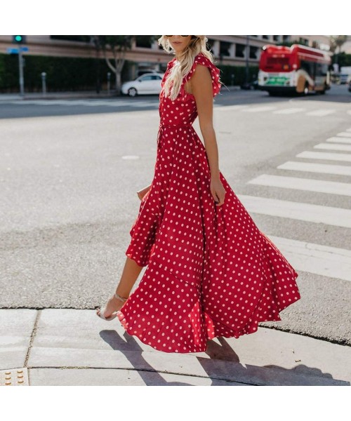 Bottoms Womens Dots Boho Mini Dress Lady Beach Summer Sundrss Maxi Dress - Red - CZ18U3EDURH