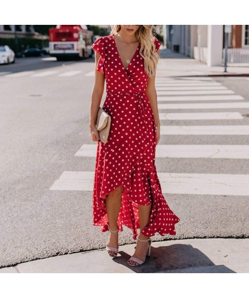 Bottoms Womens Dots Boho Mini Dress Lady Beach Summer Sundrss Maxi Dress - Red - CZ18U3EDURH