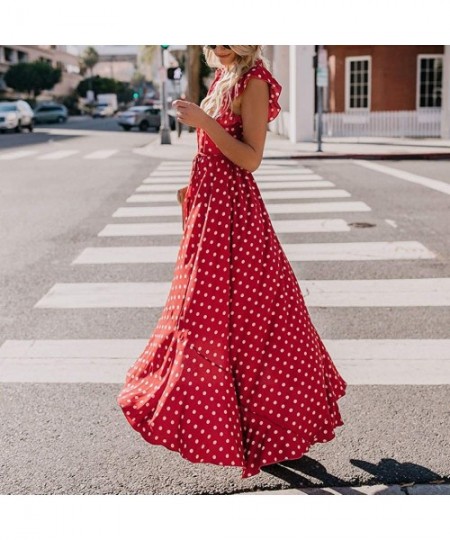 Bottoms Womens Dots Boho Mini Dress Lady Beach Summer Sundrss Maxi Dress - Red - CZ18U3EDURH