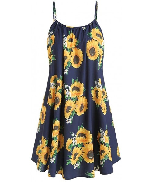 Cover-Ups Women Summer Ladies Short Sleeve Bow Knot Bandage Top Sunflower Print Mini Dress Suits Beach Dresses - Navy - CN18R...