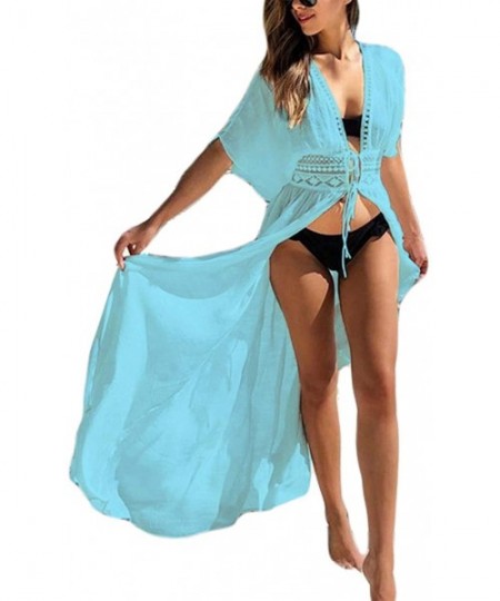 Cover-Ups Women Solid Color Long Beach Kimono Cardigan Open Front Bikini Swimsuit Cover Up - I-light Blue - CL19CIA244Y