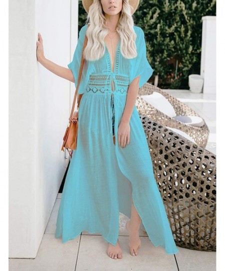 Cover-Ups Women Solid Color Long Beach Kimono Cardigan Open Front Bikini Swimsuit Cover Up - I-light Blue - CL19CIA244Y