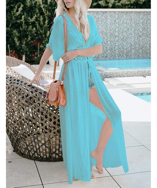 Cover-Ups Women Solid Color Long Beach Kimono Cardigan Open Front Bikini Swimsuit Cover Up - I-light Blue - CL19CIA244Y