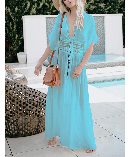 Cover-Ups Women Solid Color Long Beach Kimono Cardigan Open Front Bikini Swimsuit Cover Up - I-light Blue - CL19CIA244Y