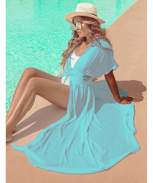 Cover-Ups Women Solid Color Long Beach Kimono Cardigan Open Front Bikini Swimsuit Cover Up - I-light Blue - CL19CIA244Y