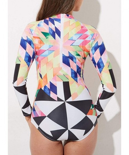 One-Pieces Womens Zip Front Long Sleeve High Neck One Piece Swimsuit Printed Rash Guard - Triangle - CP1803R2Y3U