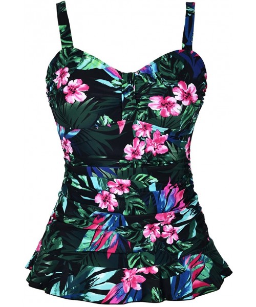 Tops Women's 50's Retro Ruched Tankini Swimsuit Top with Ruffle Hem - Green&red Floral - CX18CXHQNQ5