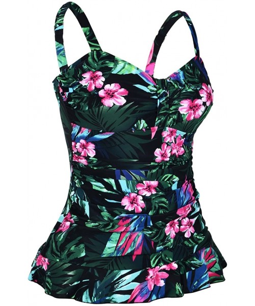 Tops Women's 50's Retro Ruched Tankini Swimsuit Top with Ruffle Hem - Green&red Floral - CX18CXHQNQ5