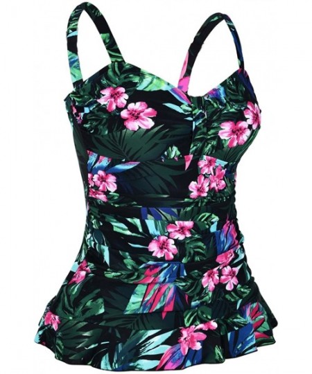 Tops Women's 50's Retro Ruched Tankini Swimsuit Top with Ruffle Hem - Green&red Floral - CX18CXHQNQ5