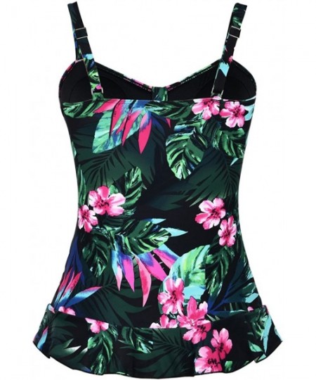 Tops Women's 50's Retro Ruched Tankini Swimsuit Top with Ruffle Hem - Green&red Floral - CX18CXHQNQ5