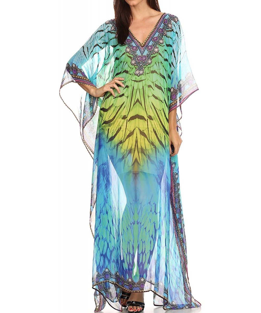 Cover-Ups Wilder Printed Design Long Sheer Rhinestone Caftan Dress/Cover Up - Green Yellow / Multi - C812GJYK85J