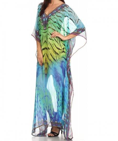 Cover-Ups Wilder Printed Design Long Sheer Rhinestone Caftan Dress/Cover Up - Green Yellow / Multi - C812GJYK85J