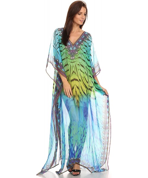 Cover-Ups Wilder Printed Design Long Sheer Rhinestone Caftan Dress/Cover Up - Green Yellow / Multi - C812GJYK85J