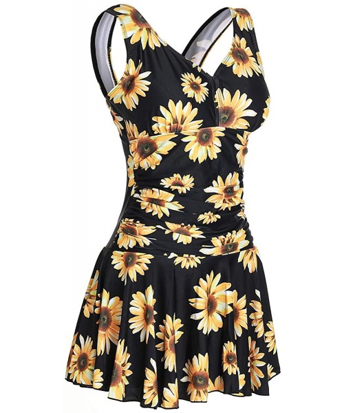 One-Pieces Women's Plus-Size Flower Printing Shaping Body One Piece Swim Dresses Swimsuit - Sunflower - C41902MY3RW